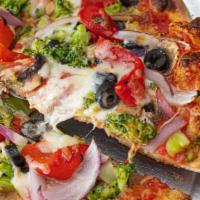 Vegetarian Pizza · Red sauce, mozzarella, broccoli, fresh mushrooms, roasted peppers, garlic, onions and olives.