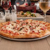 Bruschetta Pizza with Fresh Mozzarella · Seasoned garlic crust, fresh tomatoes, fresh basil, red onions, balsamic glaze and extra vir...
