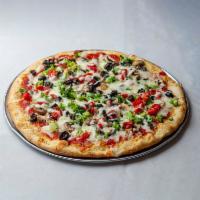 Veggie Grandma Pizza · Fresh mozzarella, plum tomato sauce, broccoli, fresh mushrooms, roasted peppers, onions, oli...