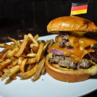 Haus Burger · Two 4 oz. seasoned patties, onions, mustard and pickles on a brioche bun.  Comes with side o...