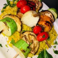 Veggie Kabob · Grilled mushrooms, onion, squash, eggplant, tomato, pepper. Served with rice. Vegan, vegetar...