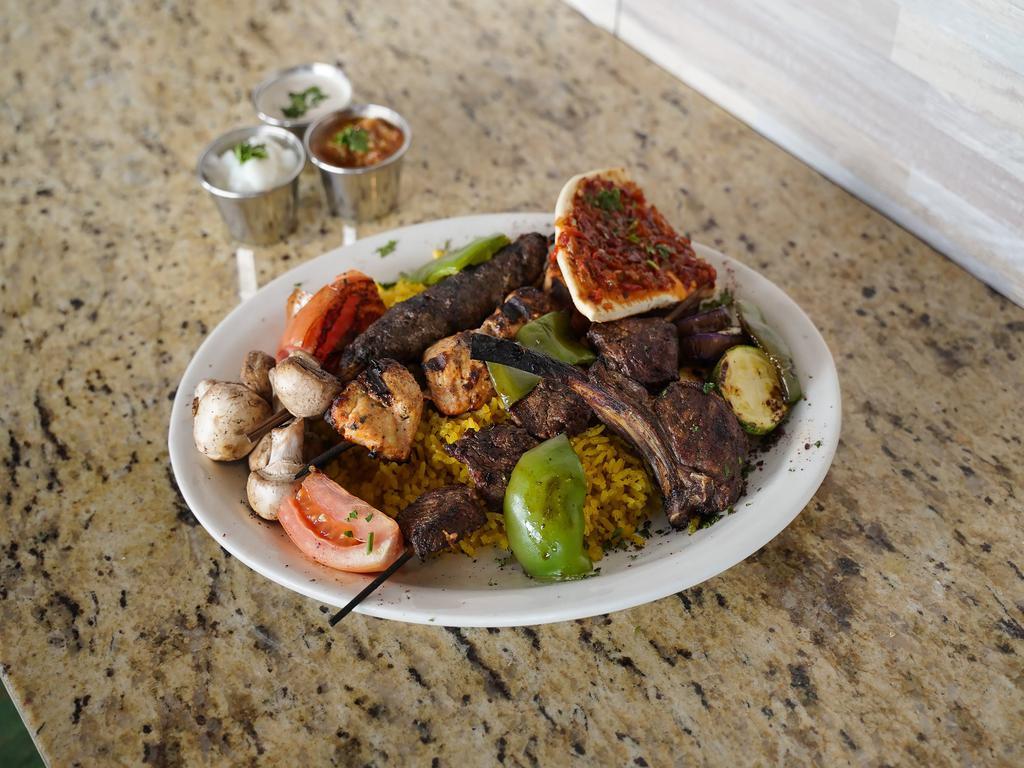 Mix Grill for 1 · A delicious combination of Beef Tenderloin Kebab, Kofta Kebab, Chicken kebab & Gyro Served with rice and grilled vegetables Add rack of lamb each $5

Add rack of lamb for an additional charge.