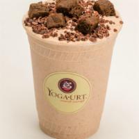 Salted Caramel Brownie Shake · Made with salted caramel soft serve, almond milk, cacao nibs and lots of brownie bites.