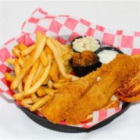 Whiting Sandwich · Lightly seasoned, batter fried, served with lettuce, tomato, and tartar sauce on a toasted b...