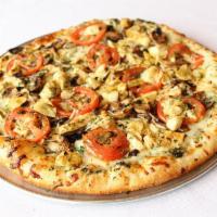 Cade and Blake Gourmet Pizza · Palio's pesto, artichoke hearts, roasted chicken, fresh tomatoes, and fresh mushrooms.