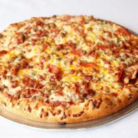Meat and Cheese Deluxe Gourmet Pizza · Pepperoni, sausage, beef, ham, bacon, cheddar, and mozzarella.
