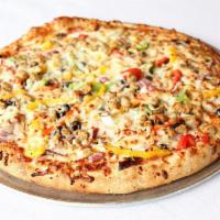 The King Gourmet Pizza · Pepperoni, sausage, ham, fresh mushrooms, black olives, onions, and red, yellow and green pe...