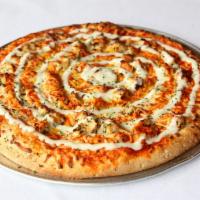 Stella Gourmet Pizza · Wing sauce, roasted chicken, mozzarella, cheddar, and garlic topped with ranch dressing.