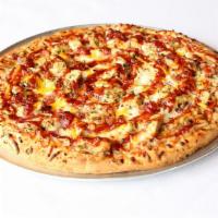 Maria's BBQ Chicken Gourmet Pizza · Roasted chicken, red onions, cheddar, and mozzarella cheese, and bacon.