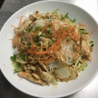 V16. Bun Thit Ga Xao Xa · Chicken sauteed with lemongrass and salad on rice vermicelli. 