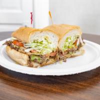 Deniro Specialty Sandwich · Grilled thinly sliced rib-eye steak, provolone cheese, onion, hot peppers, topped with lettu...