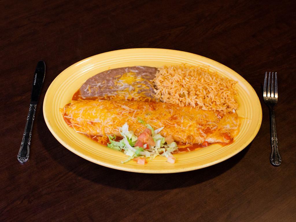 27. Enchilada and Burrito Combo · Choice of cheese, beef and chicken enchilada.