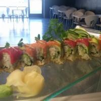 8 Piece Autumn Roll · Top: salmon and tuna with sashimi sauce inside: shredded crab, cucumber and avocado.
