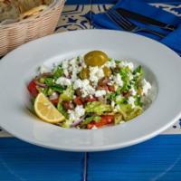 Mediterranean Salad · Lettuce, cucumber, tomatoes, Kalamata olives, feta cheese, parsley and red onion.