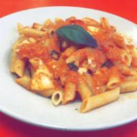 Pasta alla Mama · Fresh chopped tomatoes, basil, marinara sauce, chunks of fresh mozzarella, and pink cream sa...