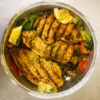 Grilled Chicken with Vegetables · Grilled chicken with sauteed spinach, broccoli, mushrooms, tomato, and roasted pepper.