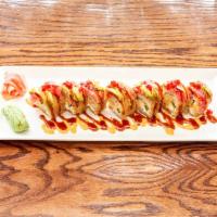 Super Volcano · Deep fried spicy crab, cream cheese, Jalapeno, topped with spicy tuna, avocado & red tobiko ...