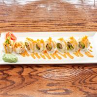 New Yorker · Asparagus, tempura shrimp& avocado, Topped with Masago& spicy mayo 