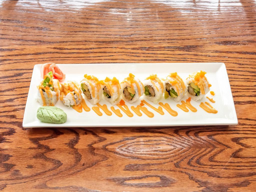 New Yorker · Asparagus, tempura shrimp& avocado, Topped with Masago& spicy mayo 