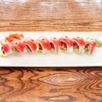 Fire Dragon · Spicy Tuna roll Topped with Tuna and a touch of spicy mayo & Spicy sauce 