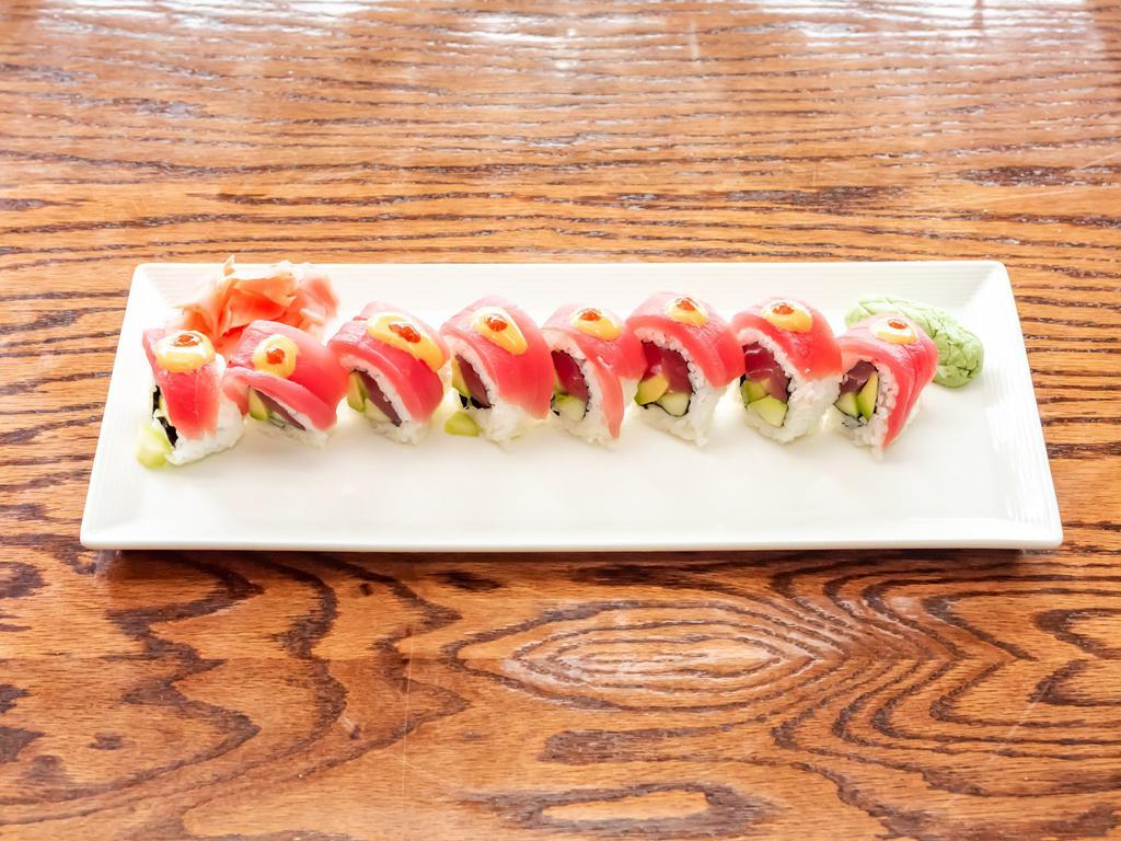 Fire Dragon · Spicy Tuna roll Topped with Tuna and a touch of spicy mayo & Spicy sauce 
