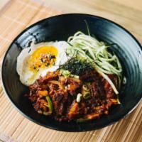 R7. Spicy Mazemen · Brothless, dry curly noodle, chopped pork belly, fried egg, green onion, cucumber, kizami no...