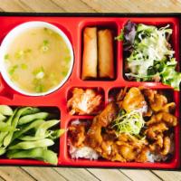 K1. Spicy Pork Combo · Served with steamed rice, house salad, miso soup, kimchi, and edamame
