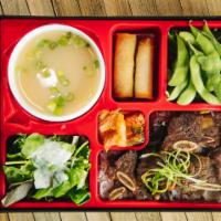 K3. Short Rib Combo · Served with steamed rice, house salad, miso soup, kimchi, and edamame
