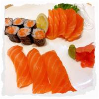 Salmon Special · Raw. 5 pieces salmon sashimi, 3 pieces salmon sushi, and 1 salmon roll.