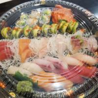 Sushi Combination For 2 · Raw. Assorted 10 pieces of sushi, 16 sashimi, one California roll, and 1 green dragon roll.