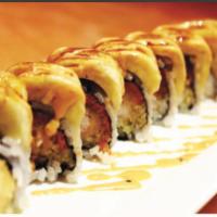 Bruins Roll · Raw.  Spicy tuna, shrimp tempura, topped with fresh banana and chef's special sauce.