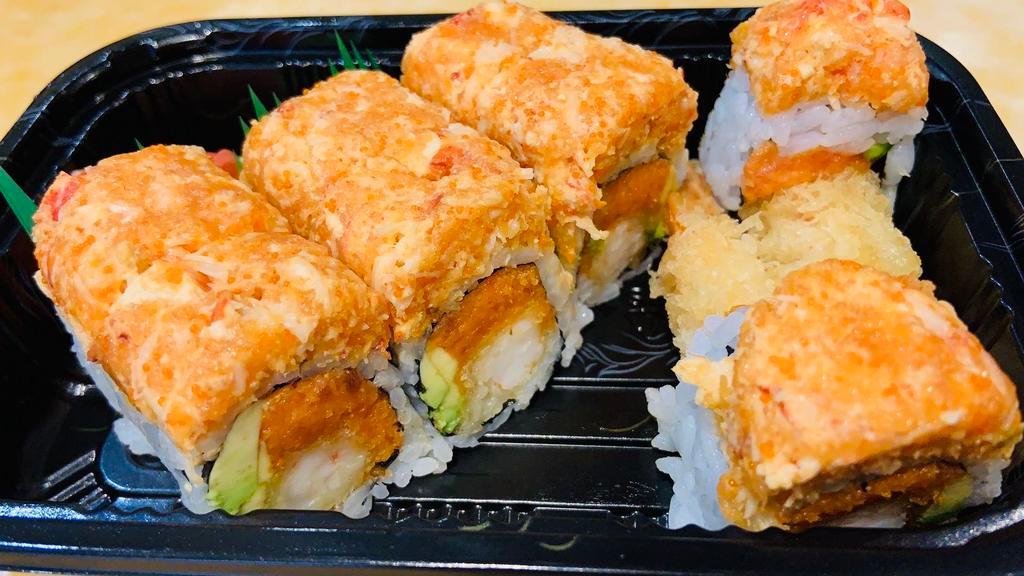 AK-47 Roll · Raw.  Shrimp tempura, spicy tuna, avocado, topped spicy lobster and crunch.