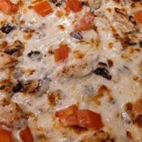 Garlic Chicken Alfredo Pizza · Melt in your mouth goodness. Our signature garlic Alfredo cream sauce topped with fresh mush...