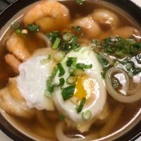 Shrimp Udon Soup · Wheat noodle soup.