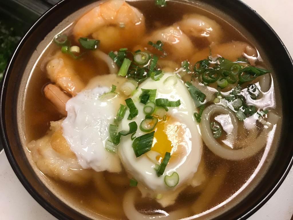 Shrimp Udon Soup · Wheat noodle soup.