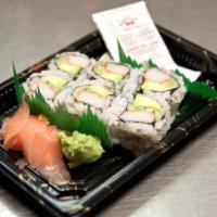California Roll · 6 pieces. Crab, avocado, and cucumber. Served with ginger wasabi and soy sauce.