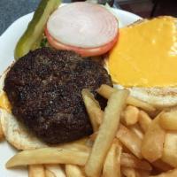 Clinton’s 1/2 lb. Burger · Served with lettuce, tomato, onion, pickle and french fries. Add American or mozzarella chee...