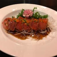 Blackened Tuna · Seared pepper tuna, with masago and scallion in wasabi yuzu sauce.