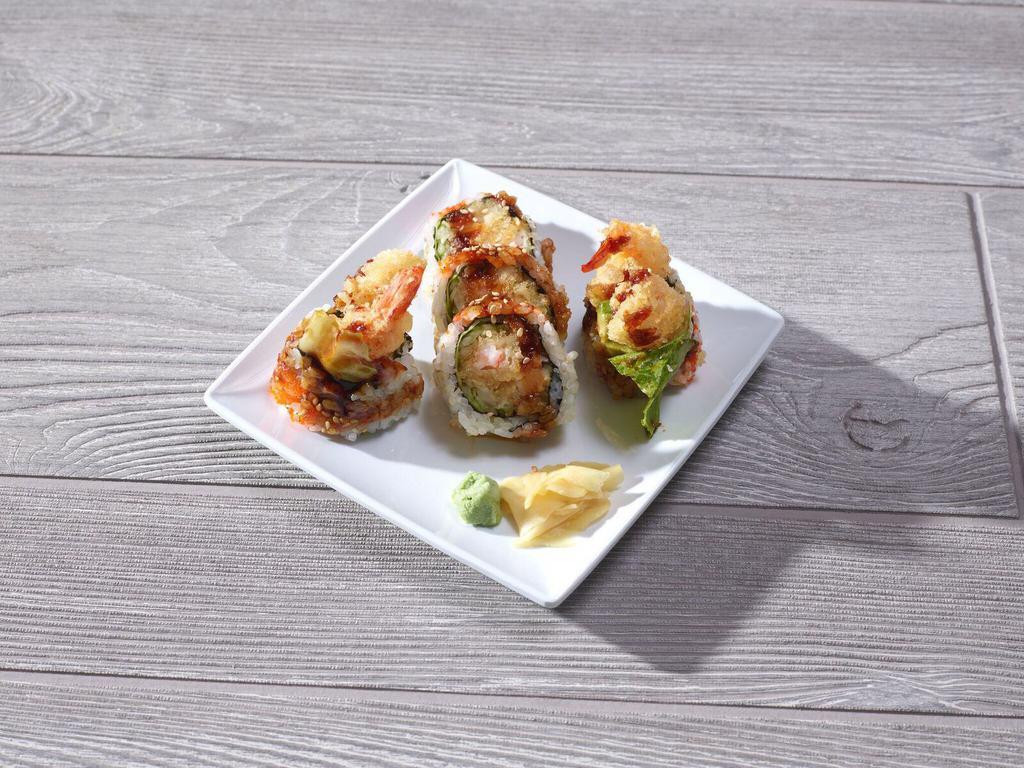 Shrimp Tempura Roll (5 Pieces) · Shrimp tempura, avocado, cucumber, lettuce, topped with masago, eel sauce.