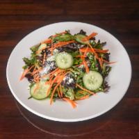 REDMOND’S HOUSE SALAD · Cucumbers, grapes, carrots, cotija cheese, organic mixed greens, with Redmond's white balsam...