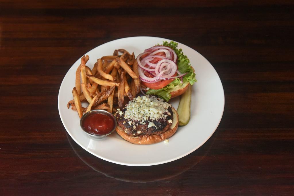 BLACK AND BLEU · Blue cheese crumbles, creole spices, tomato, lettuce, onion and roasted garlic mayo on a pretzel bun.