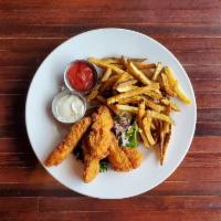 ADULT CHICKEN STRIPS · Adult size order of our chicken strips seved with your choice of house cut fries or garlic P...