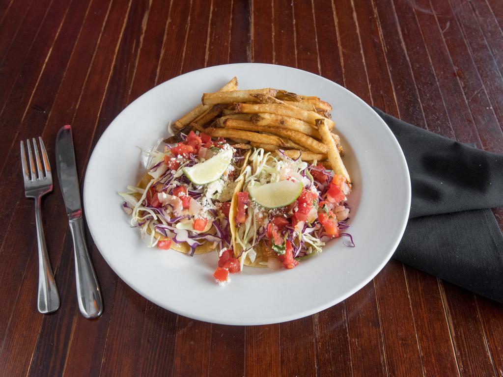 FISH TACOS · Hand breaded Alaskan cod flash fried in Mac and Jack's panko crust, chipotle lime aioli, pico de gallo, cabbage and cotija cheese in artisan-corn tortillas. Choice of house cut fries or garlic Parmesan herb fries.