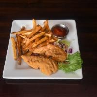 KIDS CHICKEN STRIPS · Two breaded chicken strips. Served with French fries or fruit.