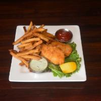 KIDS FISH & CHIPS · Two pieces of our hand-breaded Alaskan cod. Served with French fries or fruit.