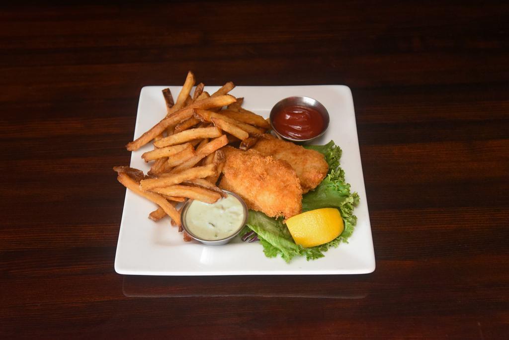 KIDS FISH & CHIPS · Two pieces of our hand-breaded Alaskan cod. Served with French fries or fruit.
