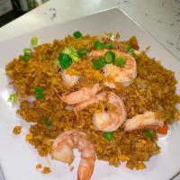 Shrimp Fried Rice · Served with jumbo shrimp, onion, scallion, pea and carrot. 