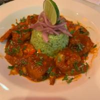 Shrimp ala Diabla · Shrimp/Guajillo Chipotle/Chile De Arbol Sauce/ Served with Cilantro Rice And Black Beans On ...