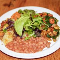 The Vegan · Tempeh, avocado, fresh greens, sauteed spinach, caramelized onions and carrots, pinto beans,...