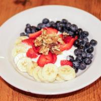 Yogurt Bowl Veggie - Gluten Free · Greek yogurt, walnuts, fresh strawberries, blueberries.